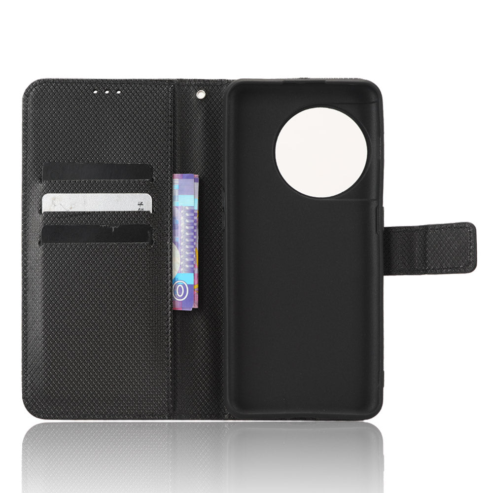 For OnePlus 11 5G PU Leather Cell Phone Cover Diamond Texture Flip Wallet Stand Full Protection Phone Case - Black