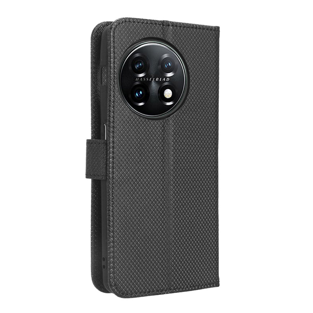For OnePlus 11 5G PU Leather Cell Phone Cover Diamond Texture Flip Wallet Stand Full Protection Phone Case - Black