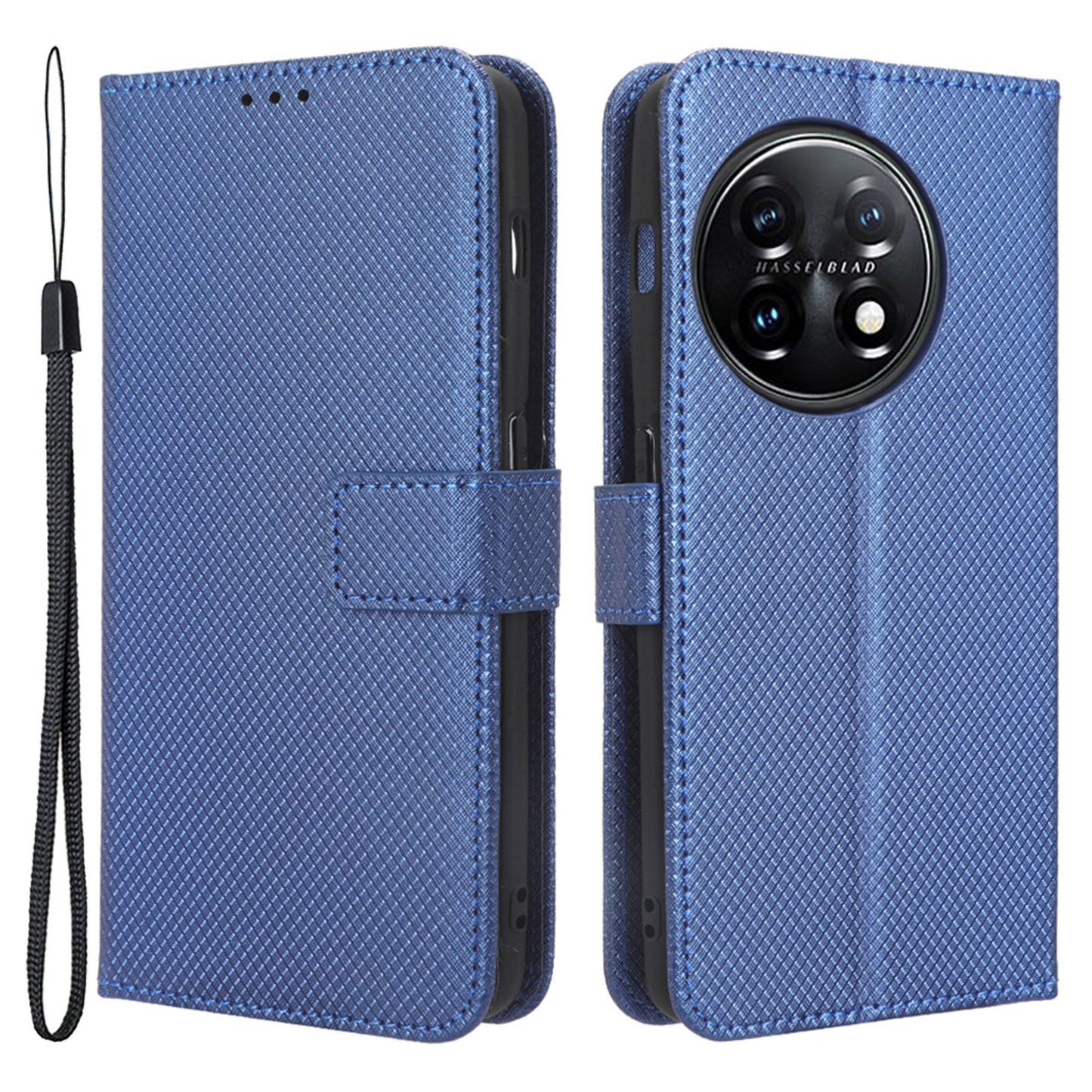 For OnePlus 11 5G PU Leather Cell Phone Cover Diamond Texture Flip Wallet Stand Full Protection Phone Case - Blue