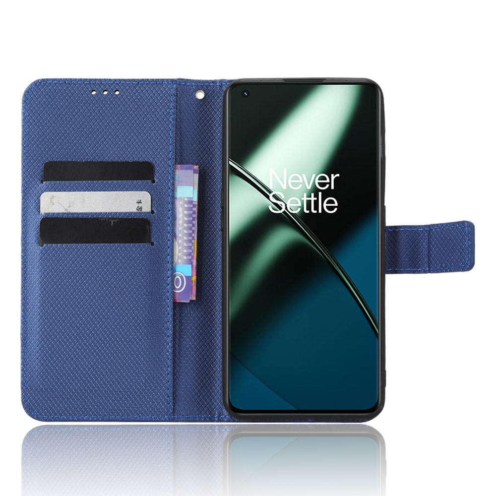 For OnePlus 11 5G PU Leather Cell Phone Cover Diamond Texture Flip Wallet Stand Full Protection Phone Case - Blue