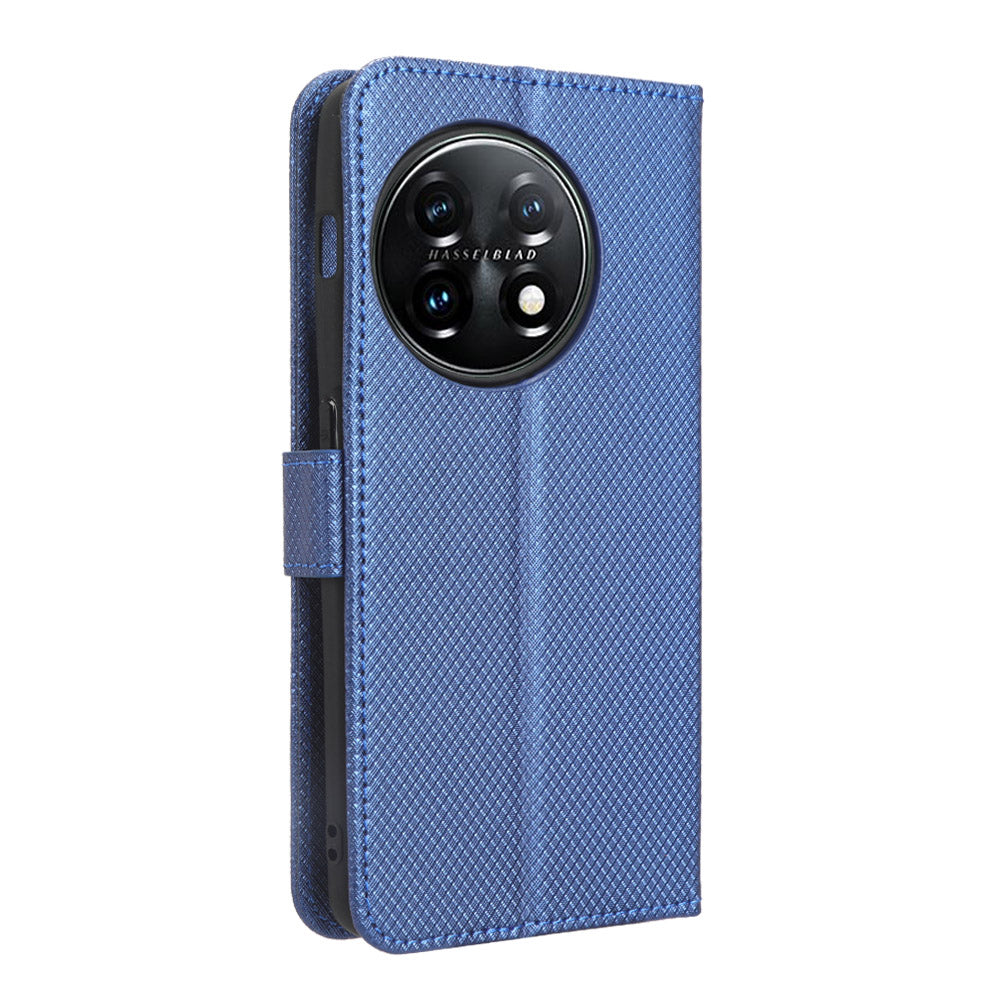 For OnePlus 11 5G PU Leather Cell Phone Cover Diamond Texture Flip Wallet Stand Full Protection Phone Case - Blue