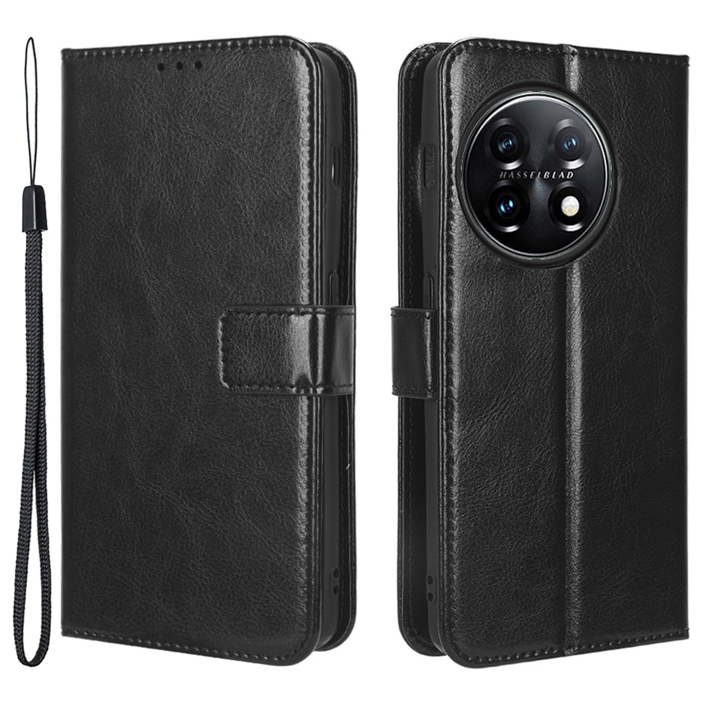 Anti-fall Leather Phone Cover for OnePlus 11 5G, Crazy Horse Texture Protective Phone Case Stand Wallet with Strap - Black