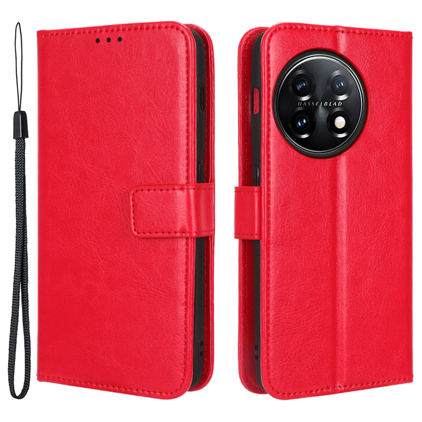Anti-fall Leather Phone Cover for OnePlus 11 5G, Crazy Horse Texture Protective Phone Case Stand Wallet with Strap - Red