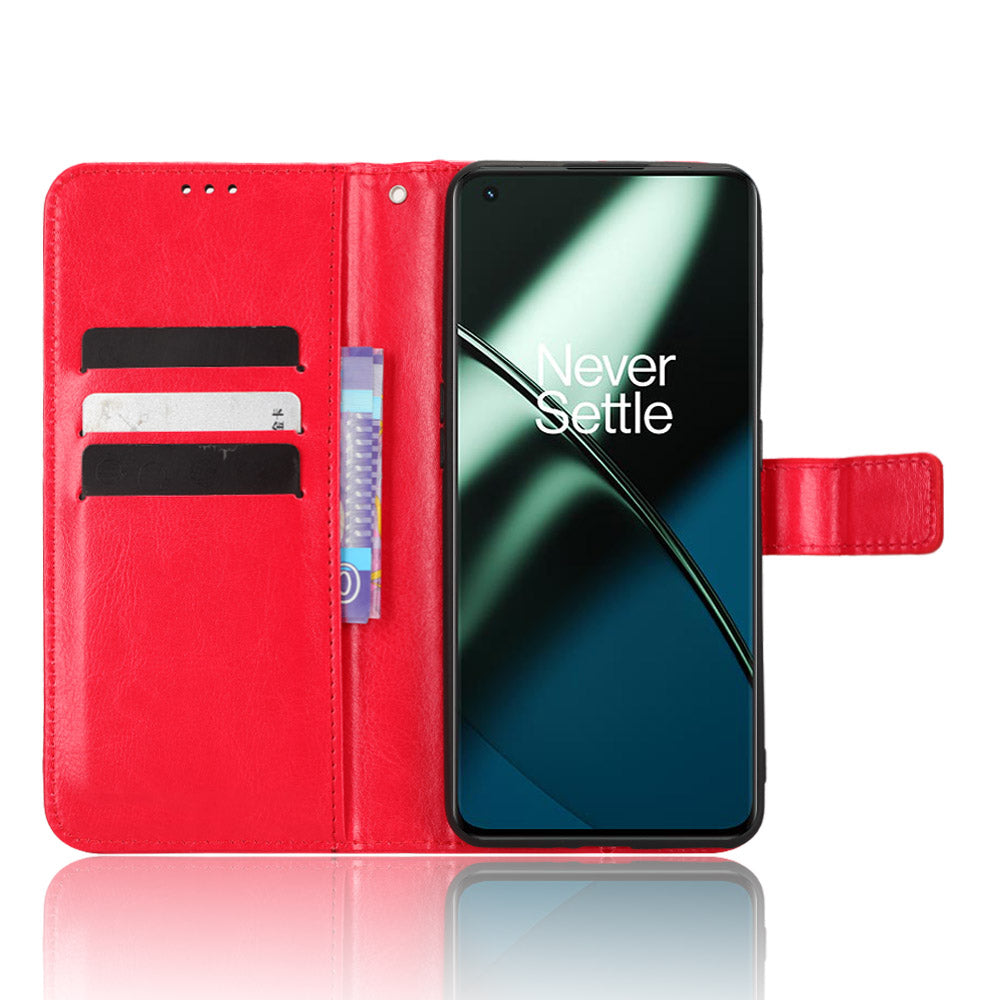 Anti-fall Leather Phone Cover for OnePlus 11 5G, Crazy Horse Texture Protective Phone Case Stand Wallet with Strap - Red