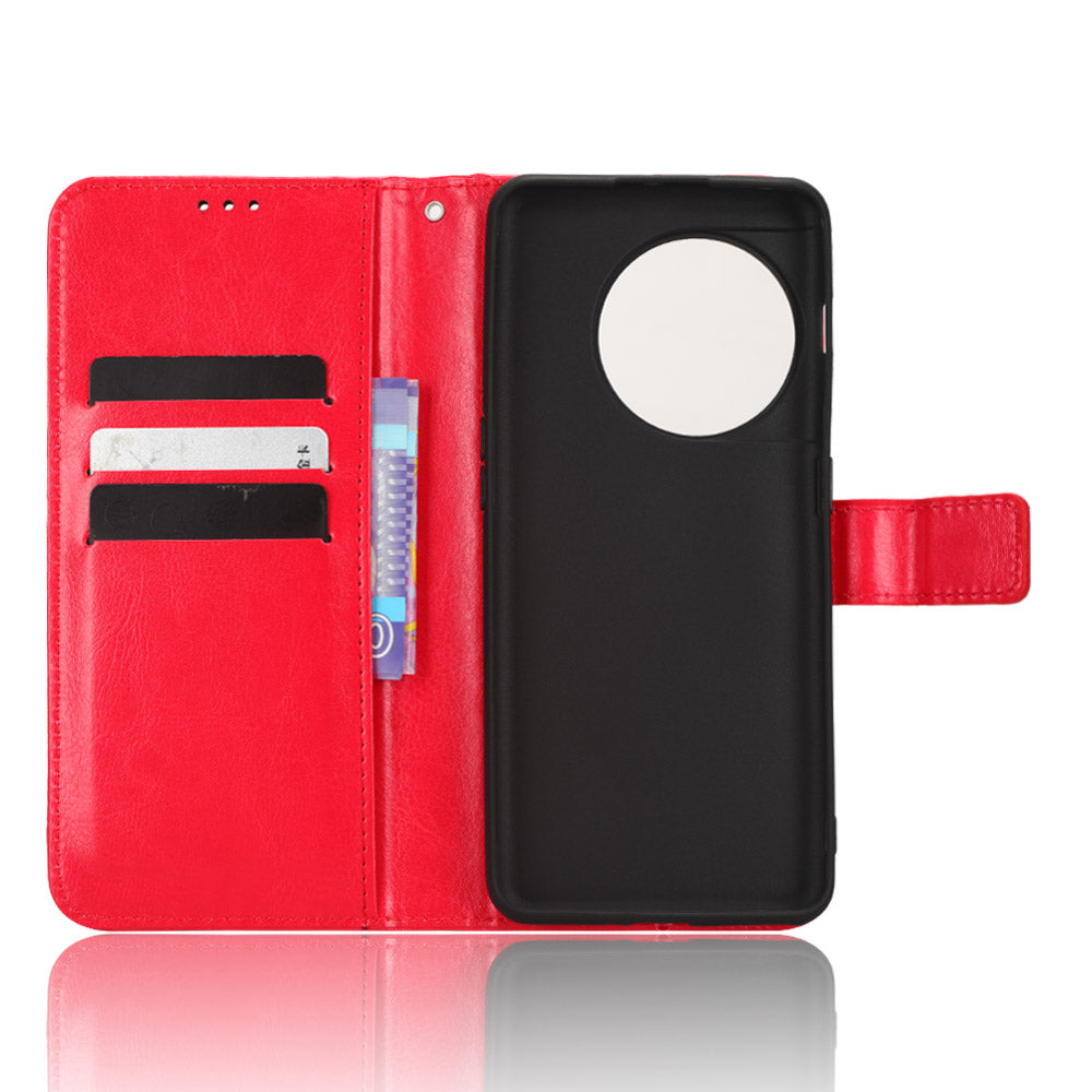 Anti-fall Leather Phone Cover for OnePlus 11 5G, Crazy Horse Texture Protective Phone Case Stand Wallet with Strap - Red