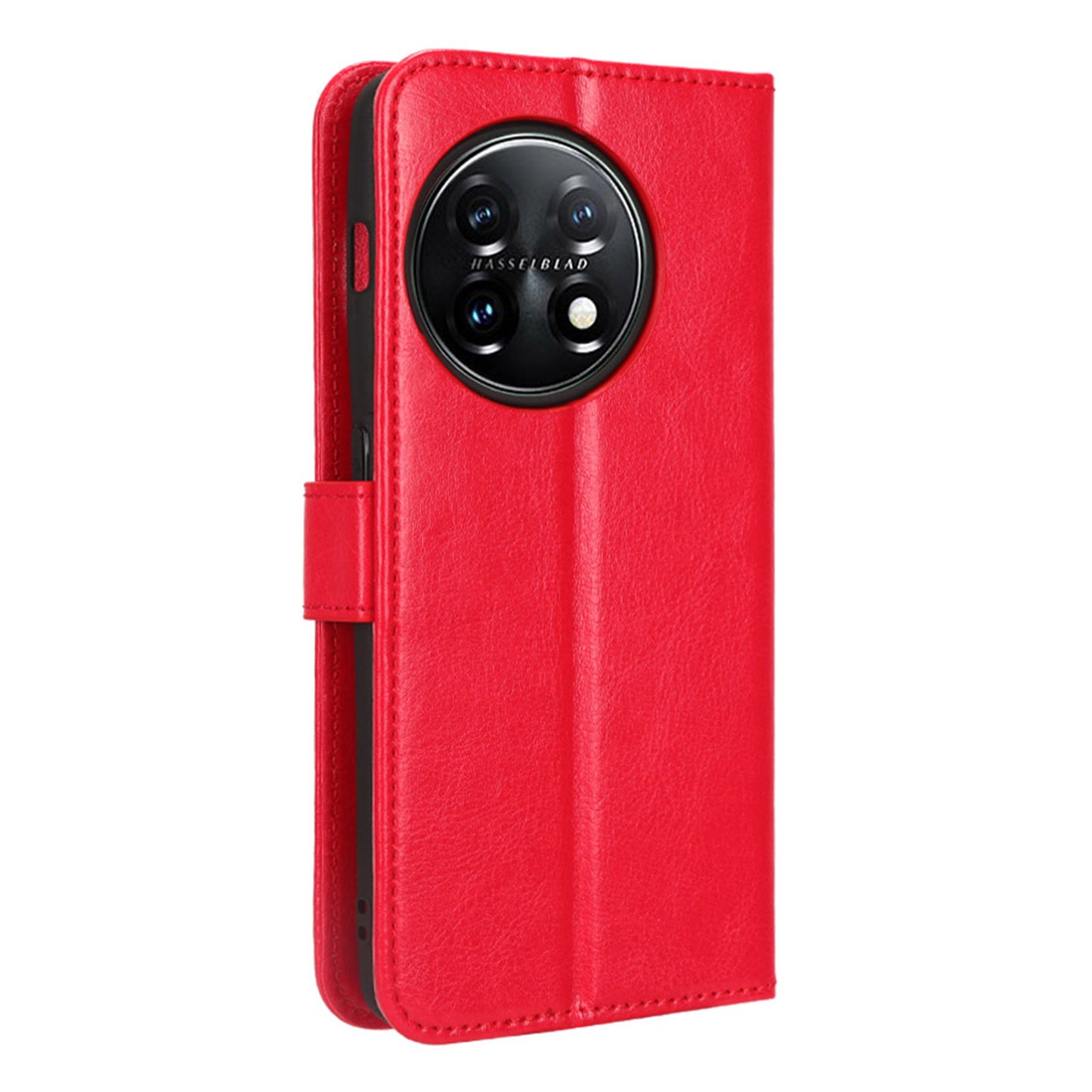 Anti-fall Leather Phone Cover for OnePlus 11 5G, Crazy Horse Texture Protective Phone Case Stand Wallet with Strap - Red