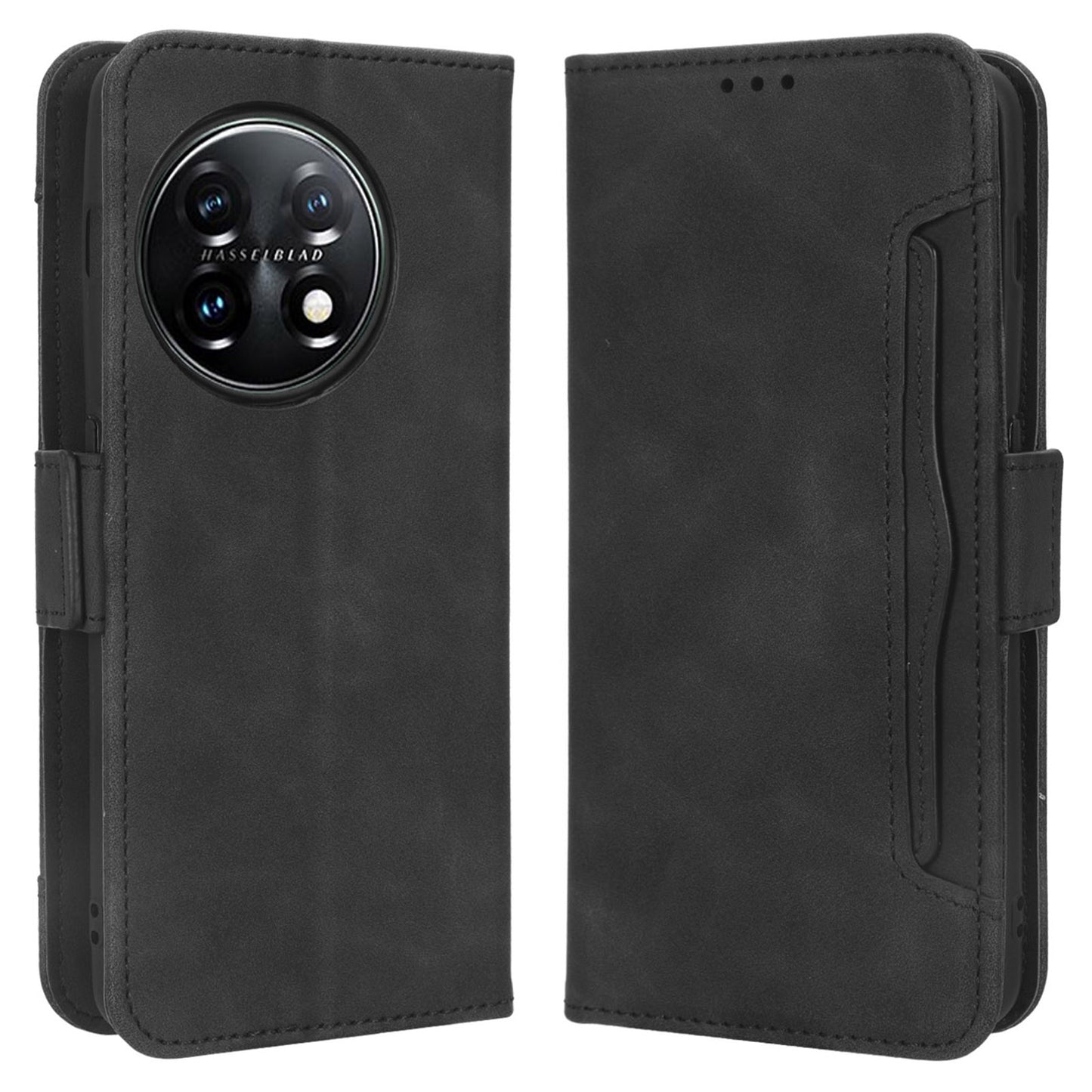 For OnePlus 11 5G PU Leather Shockproof Phone Case Stand Card Holder Magnetic Flip Wallet Cell Phone Cover - Black