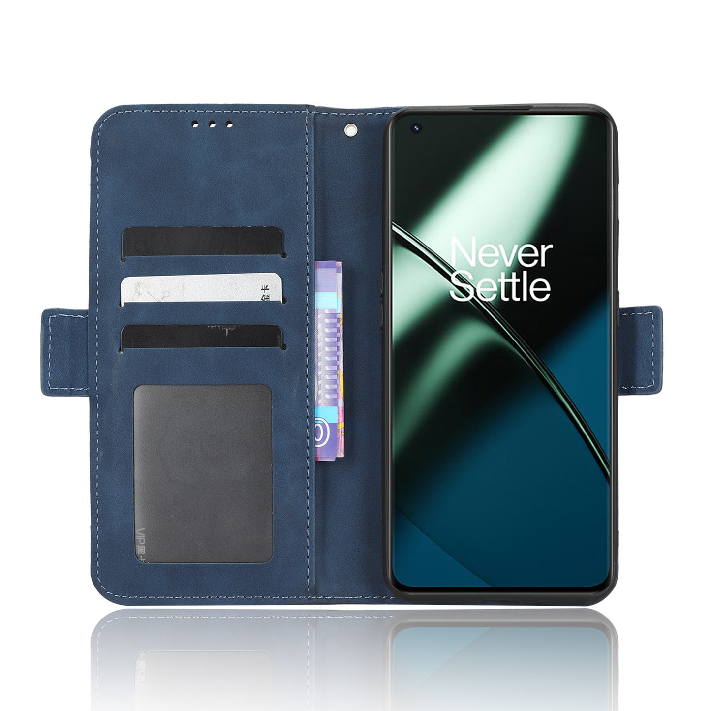 For OnePlus 11 5G PU Leather Shockproof Phone Case Stand Card Holder Magnetic Flip Wallet Cell Phone Cover - Blue