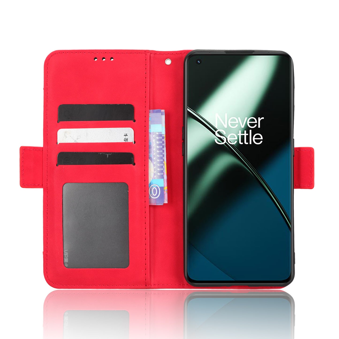 For OnePlus 11 5G PU Leather Shockproof Phone Case Stand Card Holder Magnetic Flip Wallet Cell Phone Cover - Red