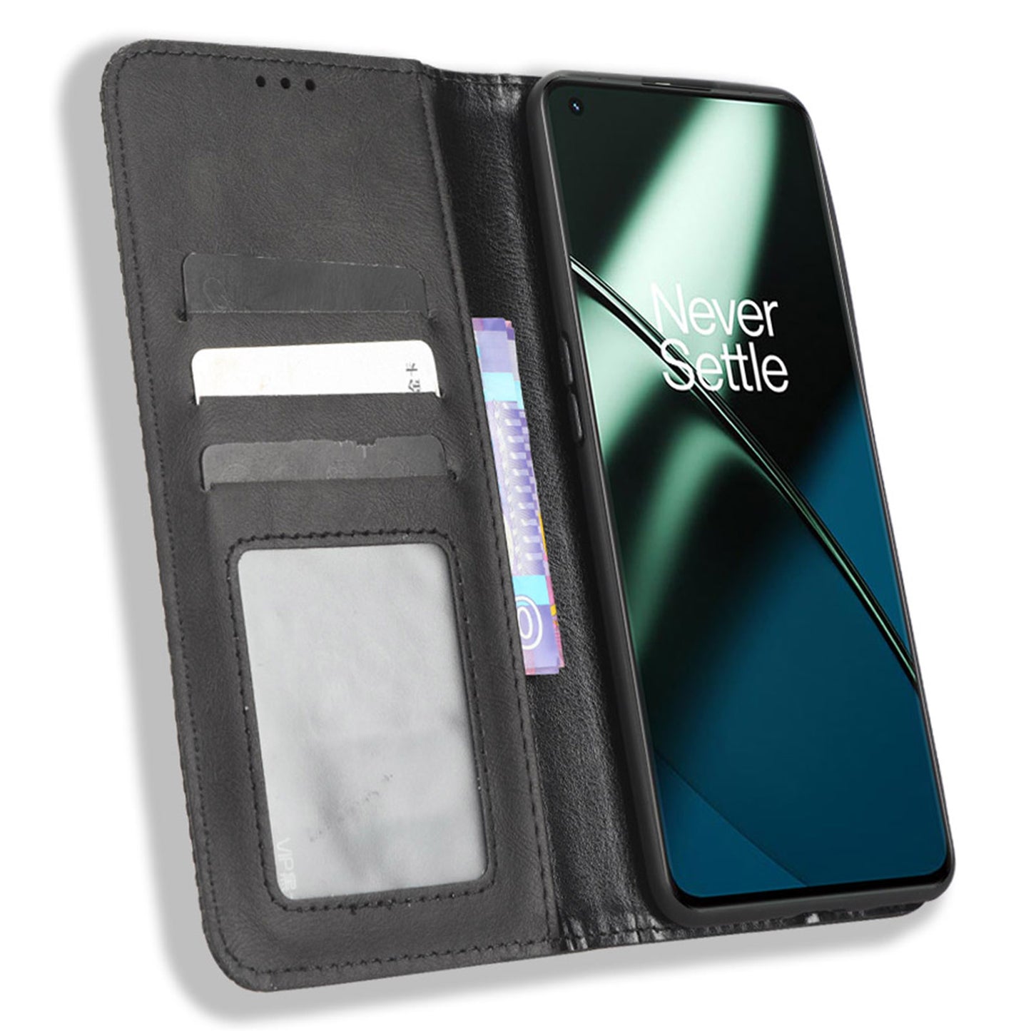 Cell Phone Cover with Stand For OnePlus 11 5G, Magnetic Retro Texture Wallet Drop-proof PU Leather Phone Case - Black