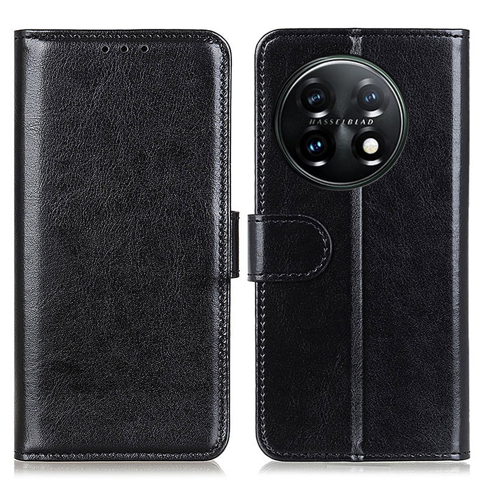 Phone Stand Case Wallet for OnePlus 11 5G, Crazy Horse Texture Magnetic Clasp PU Leather + TPU Shockproof Cover - Black