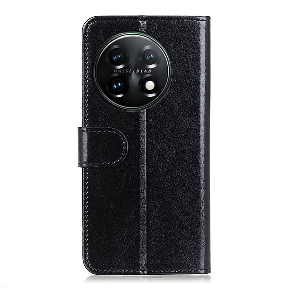 Phone Stand Case Wallet for OnePlus 11 5G, Crazy Horse Texture Magnetic Clasp PU Leather + TPU Shockproof Cover - Black