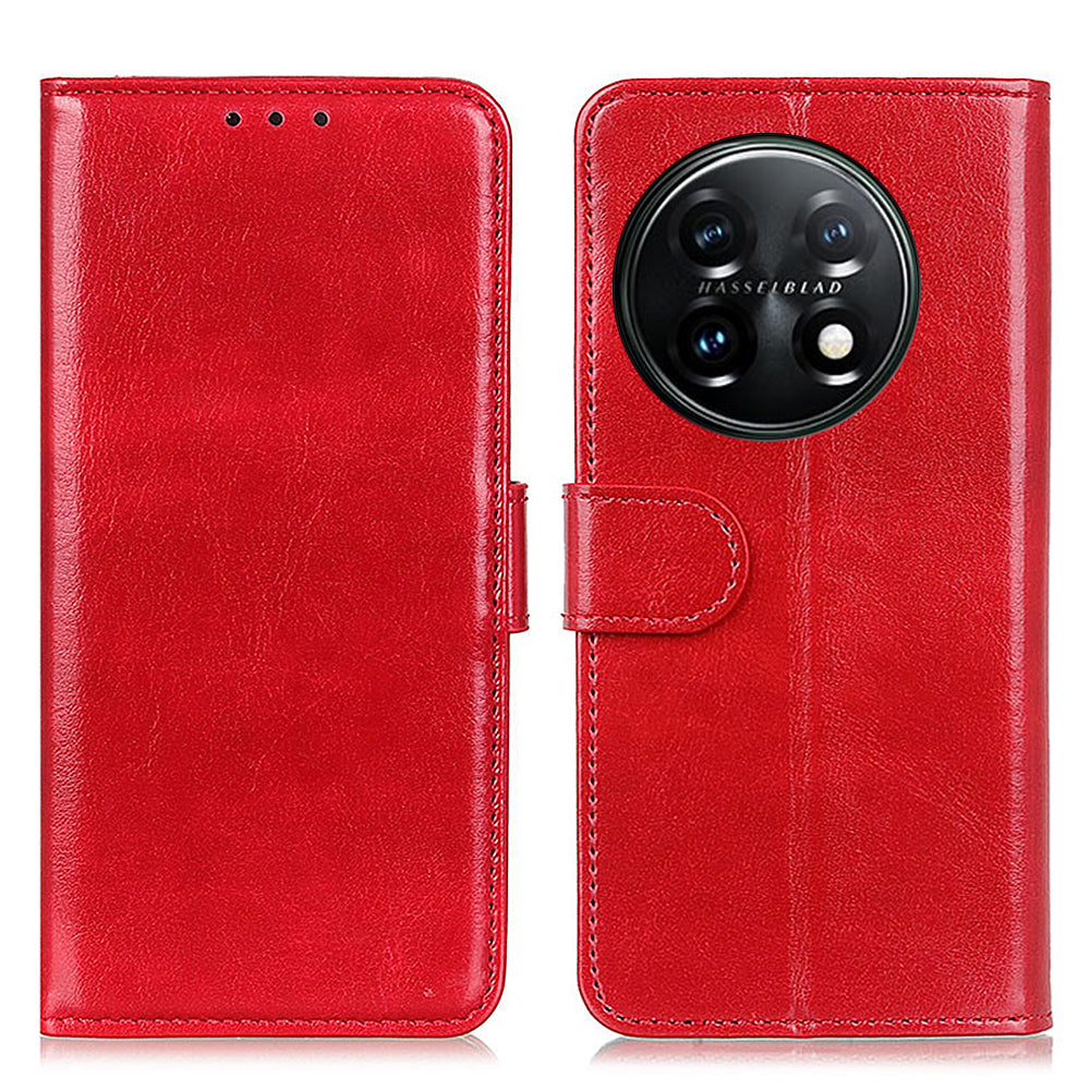 Phone Stand Case Wallet for OnePlus 11 5G, Crazy Horse Texture Magnetic Clasp PU Leather + TPU Shockproof Cover - Red