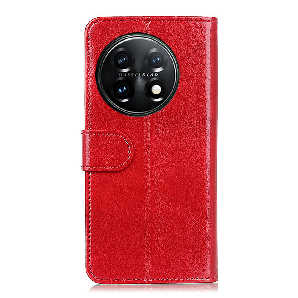 Phone Stand Case Wallet for OnePlus 11 5G, Crazy Horse Texture Magnetic Clasp PU Leather + TPU Shockproof Cover - Red