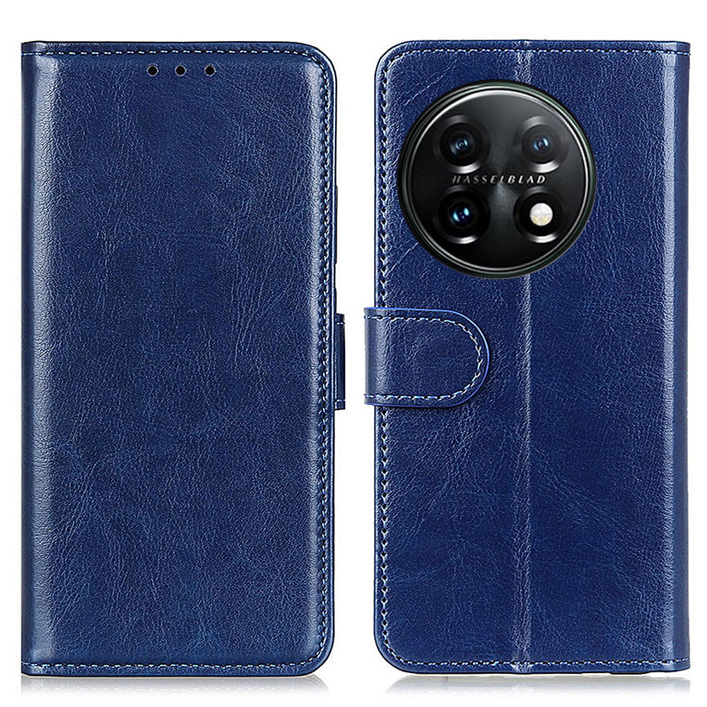 Phone Stand Case Wallet for OnePlus 11 5G, Crazy Horse Texture Magnetic Clasp PU Leather + TPU Shockproof Cover - Blue