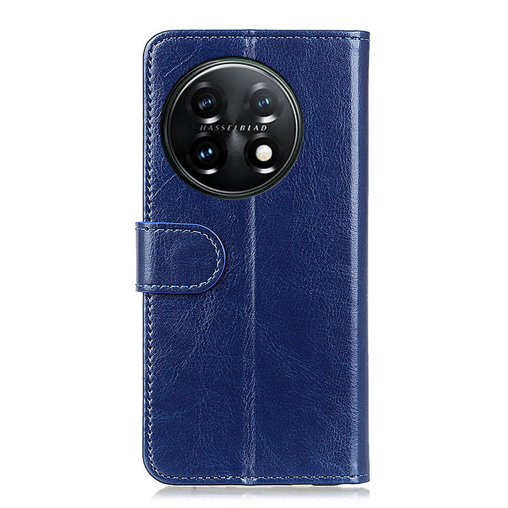 Phone Stand Case Wallet for OnePlus 11 5G, Crazy Horse Texture Magnetic Clasp PU Leather + TPU Shockproof Cover - Blue