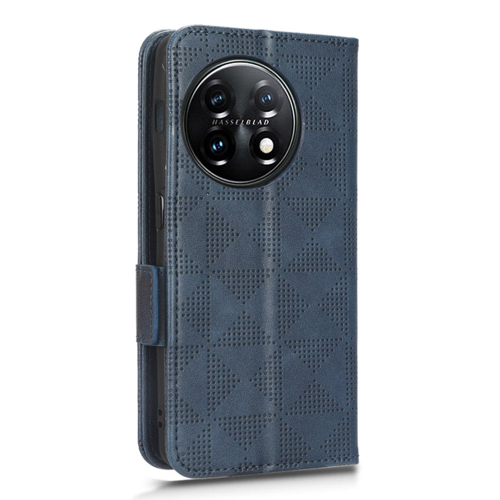 For OnePlus 11 5G Cell Phone Case Imprinted Triangle Pattern Phone Cover PU Leather Wallet with Wrist Strap - Blue