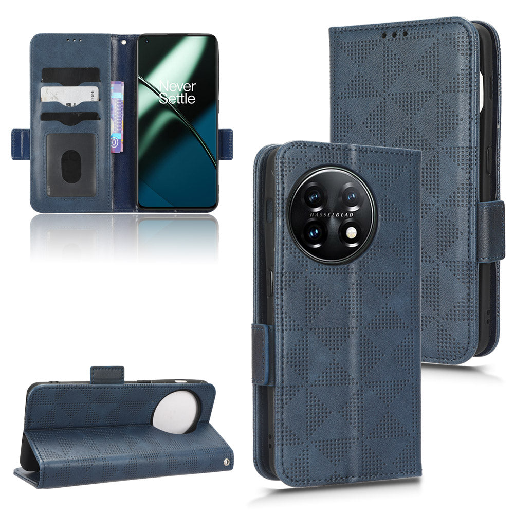 For OnePlus 11 5G Cell Phone Case Imprinted Triangle Pattern Phone Cover PU Leather Wallet with Wrist Strap - Blue