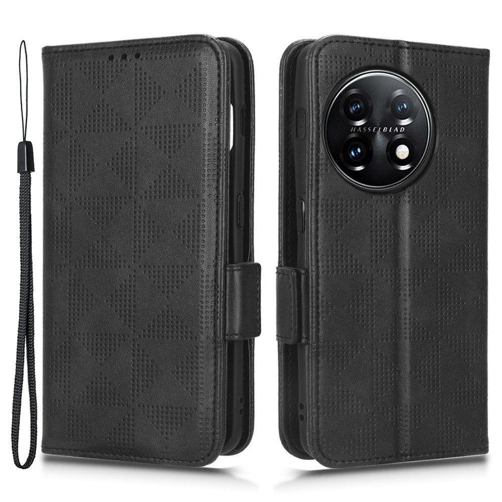 For OnePlus 11 5G Cell Phone Case Imprinted Triangle Pattern Phone Cover PU Leather Wallet with Wrist Strap - Black
