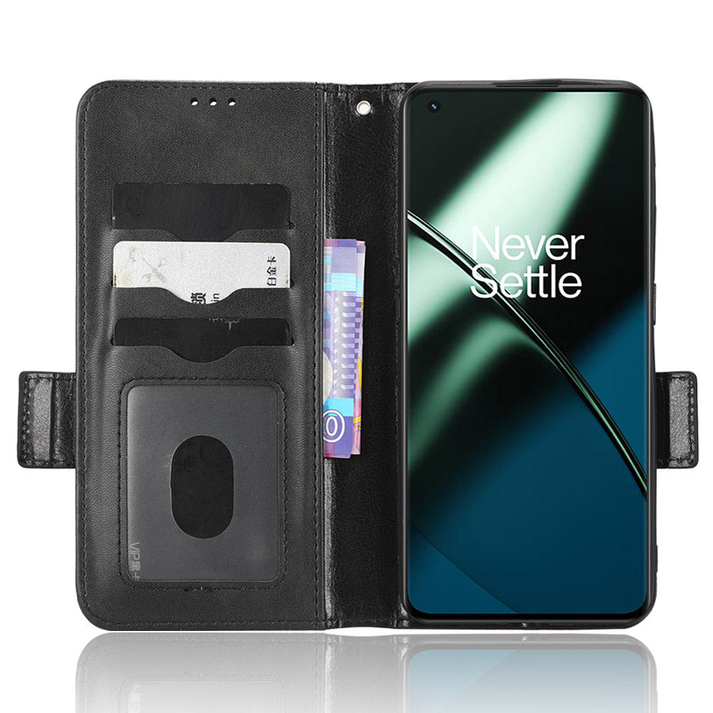 For OnePlus 11 5G Cell Phone Case Imprinted Triangle Pattern Phone Cover PU Leather Wallet with Wrist Strap - Black