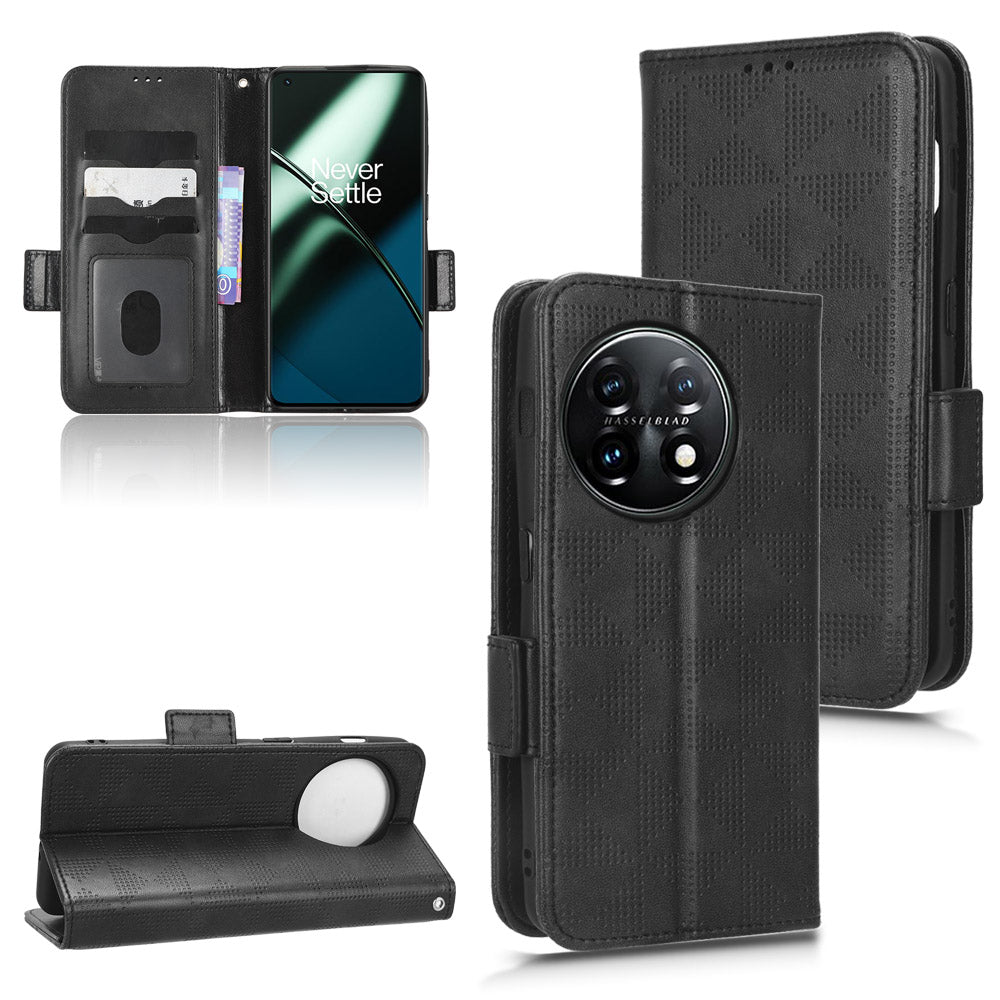 For OnePlus 11 5G Cell Phone Case Imprinted Triangle Pattern Phone Cover PU Leather Wallet with Wrist Strap - Black