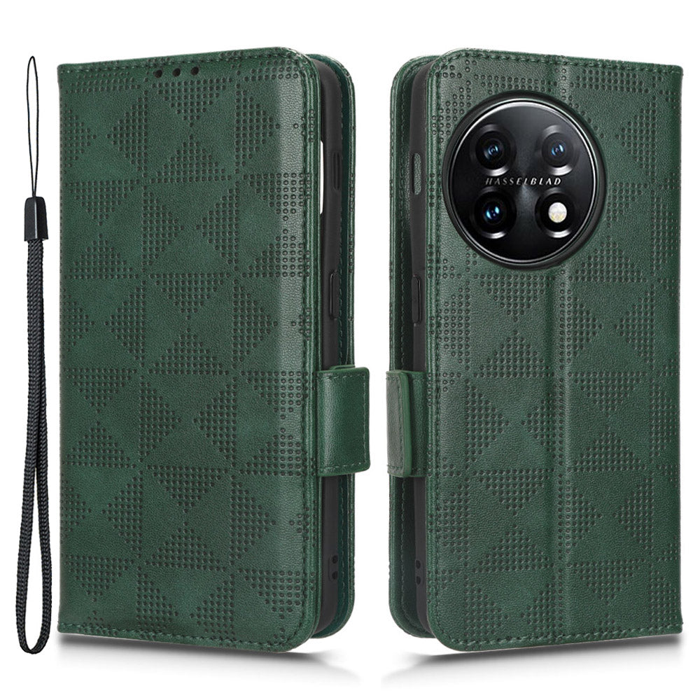 For OnePlus 11 5G Cell Phone Case Imprinted Triangle Pattern Phone Cover PU Leather Wallet with Wrist Strap - Green