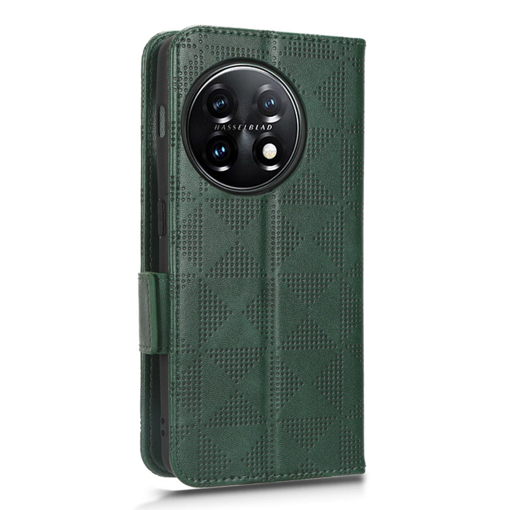 For OnePlus 11 5G Cell Phone Case Imprinted Triangle Pattern Phone Cover PU Leather Wallet with Wrist Strap - Green
