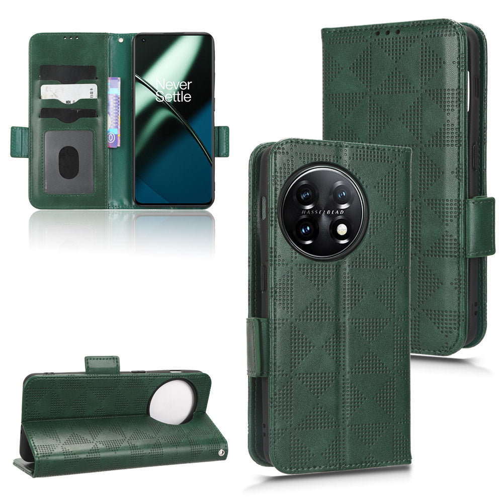 For OnePlus 11 5G Cell Phone Case Imprinted Triangle Pattern Phone Cover PU Leather Wallet with Wrist Strap - Green