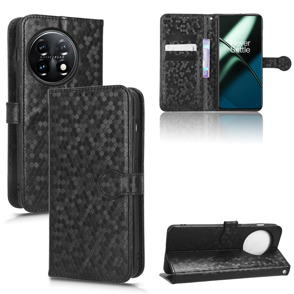 Phone Shell Case for OnePlus 11 5G, Imprinted Dot Pattern Wallet Stand PU Leather Shockproof Cover - Black