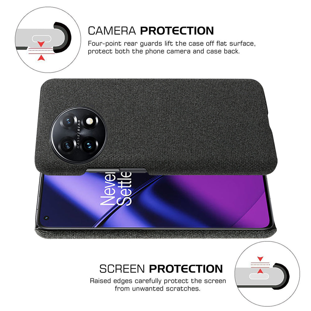 For OnePlus 11 5G Non-slip Slim Cell Phone Case Solid Color Hard PC+Cloth Shockproof Phone Cover - Black