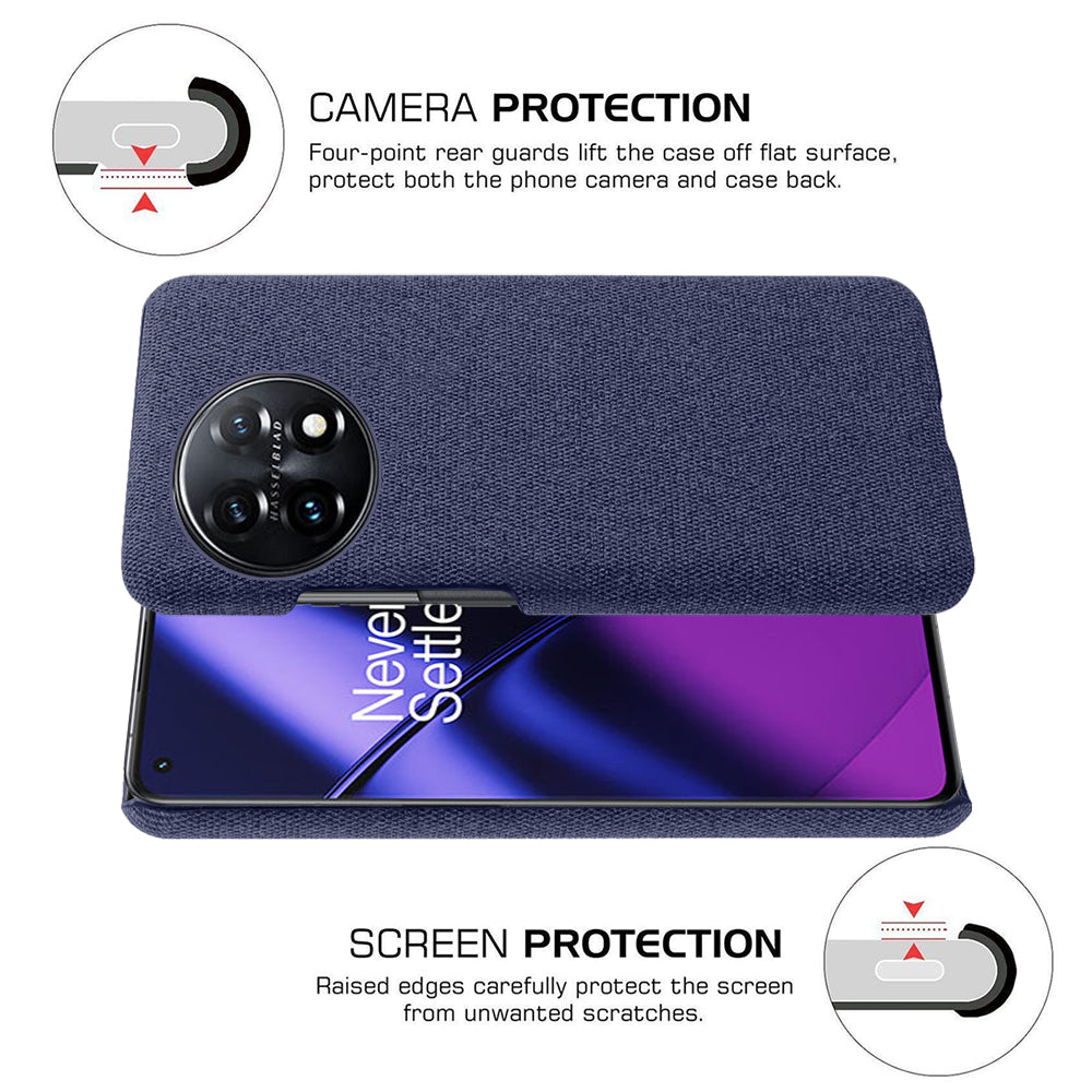 For OnePlus 11 5G Non-slip Slim Cell Phone Case Solid Color Hard PC+Cloth Shockproof Phone Cover - Blue