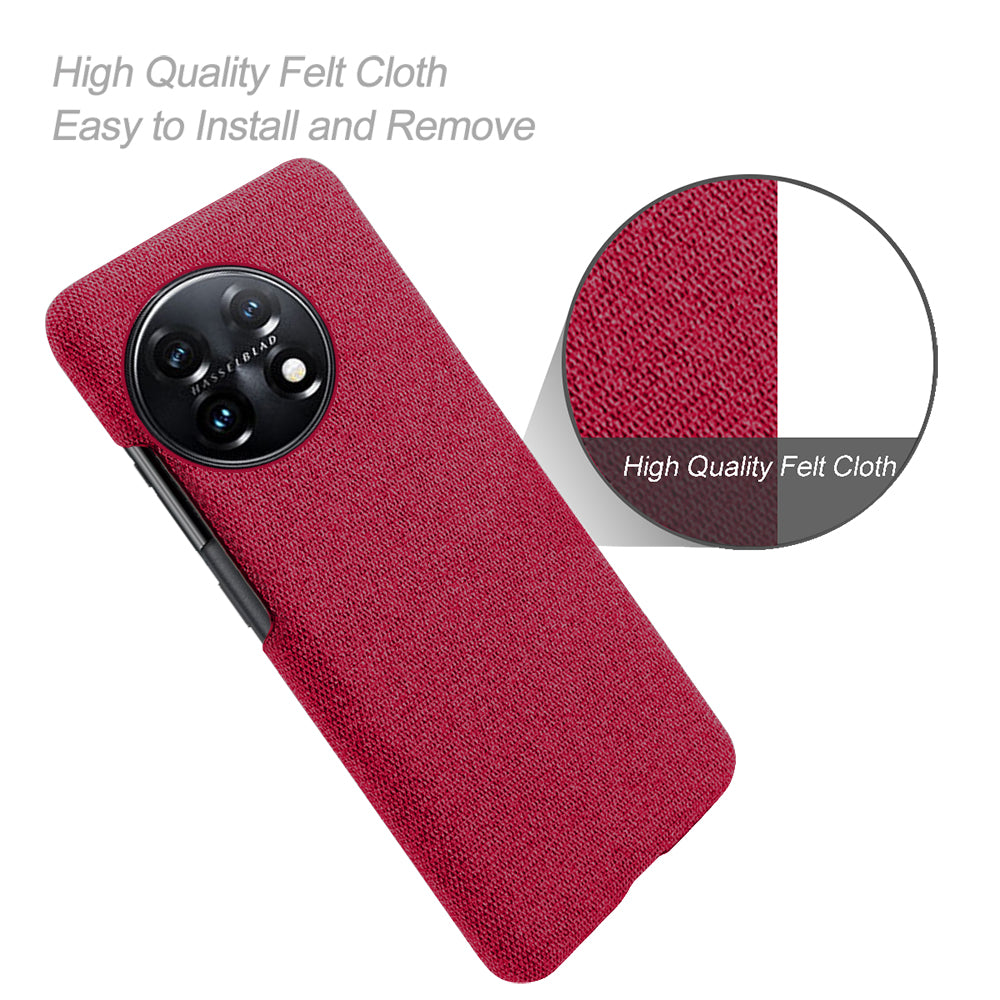 For OnePlus 11 5G Non-slip Slim Cell Phone Case Solid Color Hard PC+Cloth Shockproof Phone Cover - Red