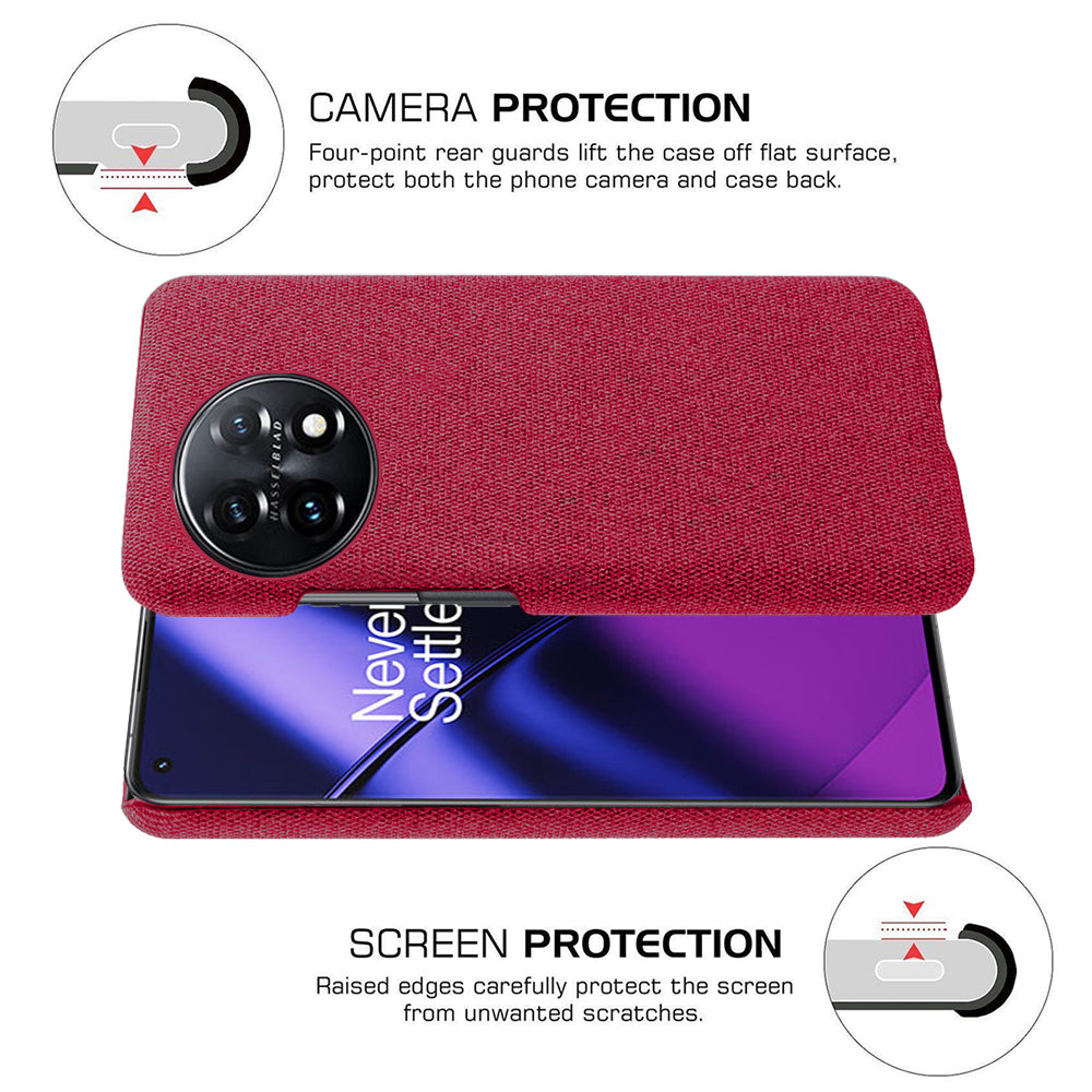 For OnePlus 11 5G Non-slip Slim Cell Phone Case Solid Color Hard PC+Cloth Shockproof Phone Cover - Red