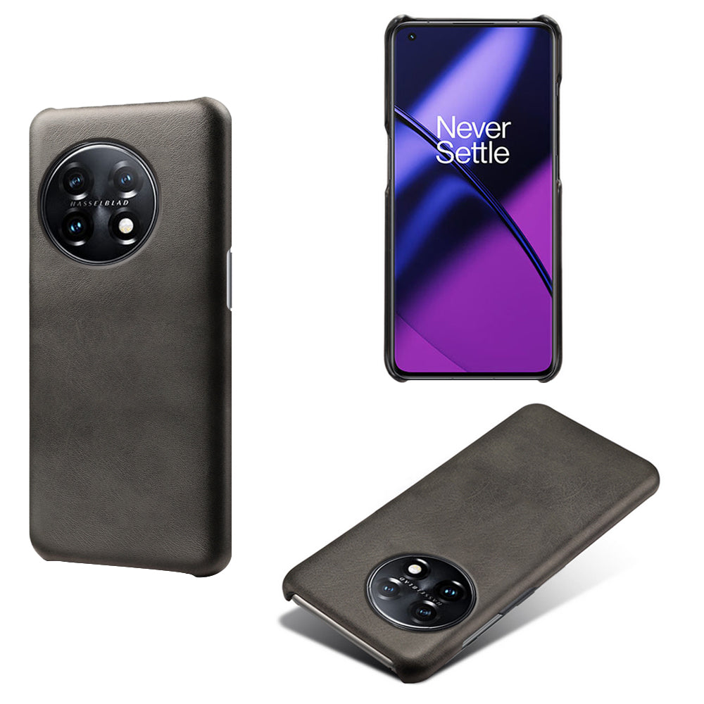 Anti-scratch Phone Cover for OnePlus 11 5G, PU Leather Coated PC Calf Textured Shockproof Mobile Phone Case - Black