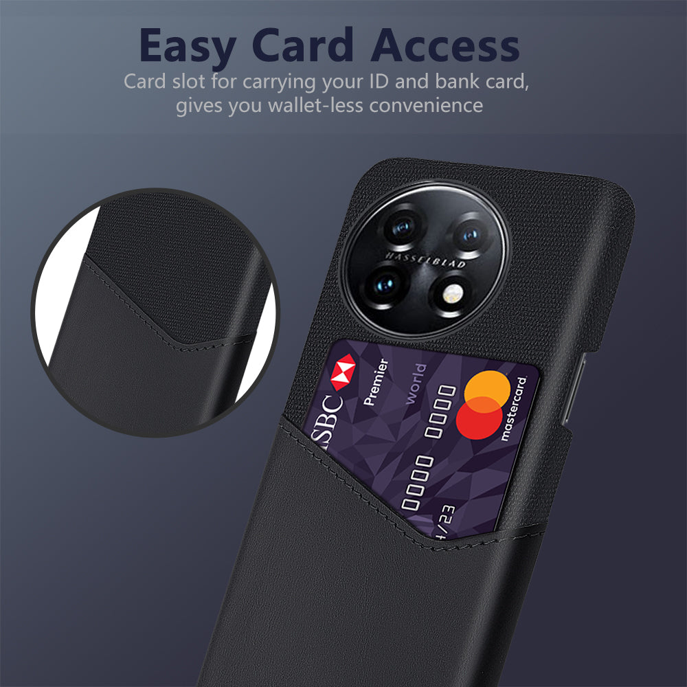 Anti-scratch Phone Cover For OnePlus 11 5G, Cloth Texture Phone Case Card Holder PU Leather Coated Hard PC Phone Shell - Black