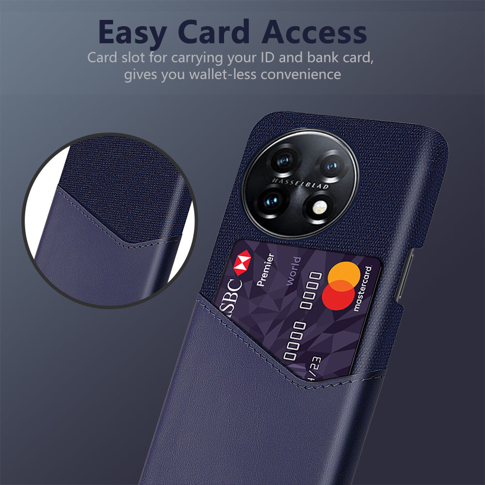 Anti-scratch Phone Cover For OnePlus 11 5G, Cloth Texture Phone Case Card Holder PU Leather Coated Hard PC Phone Shell - Blue