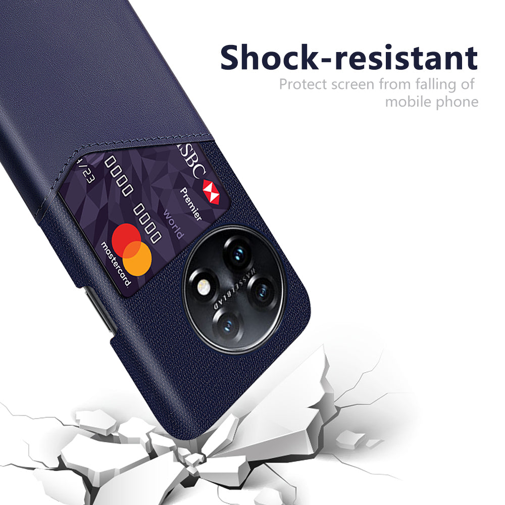 Anti-scratch Phone Cover For OnePlus 11 5G, Cloth Texture Phone Case Card Holder PU Leather Coated Hard PC Phone Shell - Blue