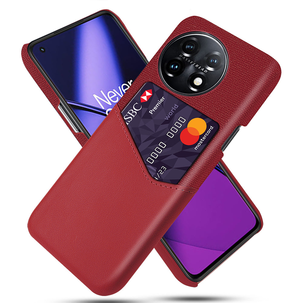 Anti-scratch Phone Cover For OnePlus 11 5G, Cloth Texture Phone Case Card Holder PU Leather Coated Hard PC Phone Shell - Red