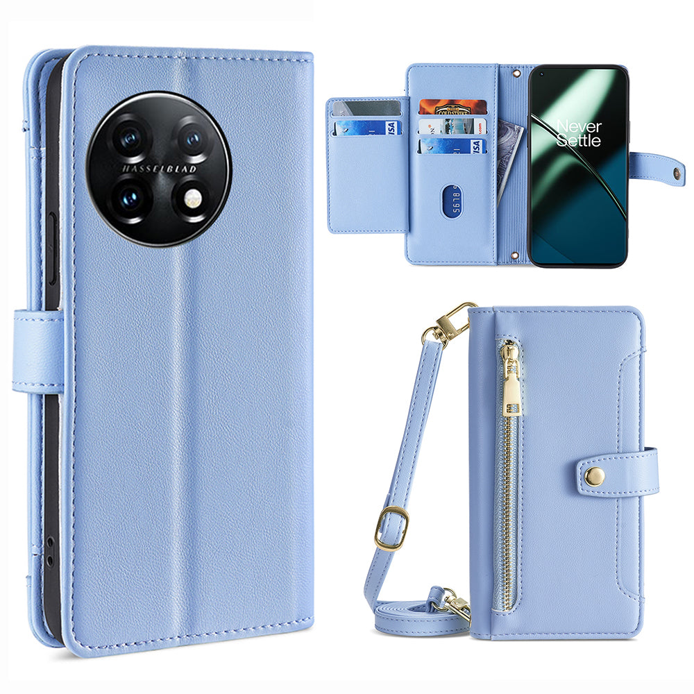 Shockproof Phone Case for OnePlus 11 5G, Zipper Pocket Card Slots Flip Leather Phone Cover with Straps - Blue