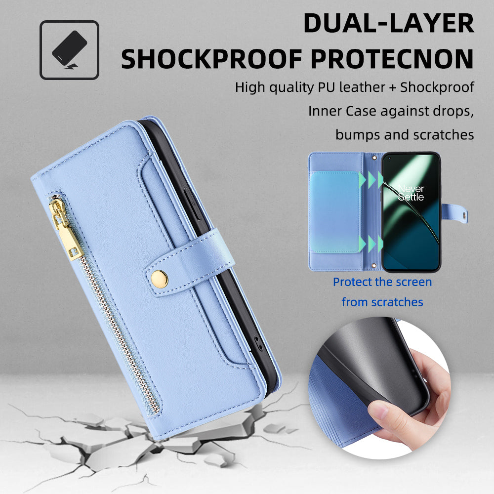 Shockproof Phone Case for OnePlus 11 5G, Zipper Pocket Card Slots Flip Leather Phone Cover with Straps - Blue