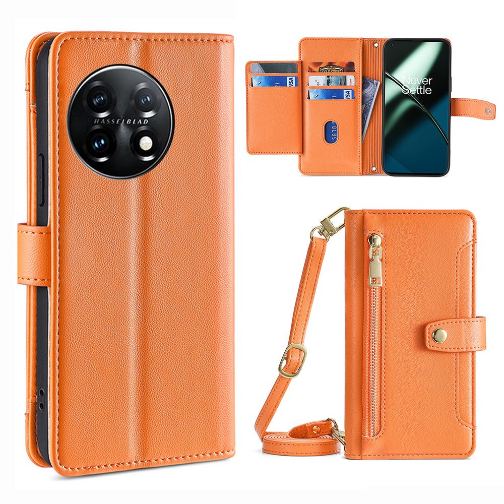 Shockproof Phone Case for OnePlus 11 5G, Zipper Pocket Card Slots Flip Leather Phone Cover with Straps - Orange