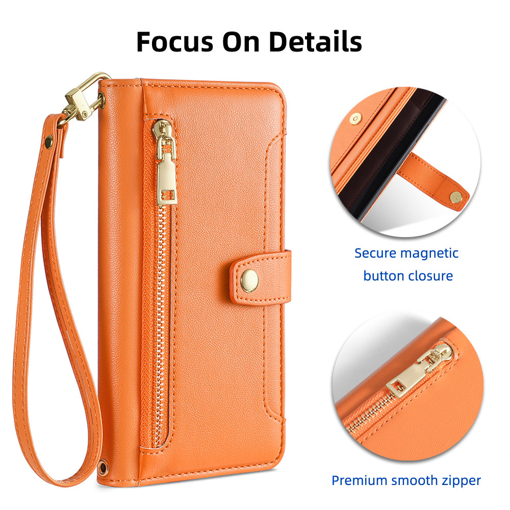 Shockproof Phone Case for OnePlus 11 5G, Zipper Pocket Card Slots Flip Leather Phone Cover with Straps - Orange