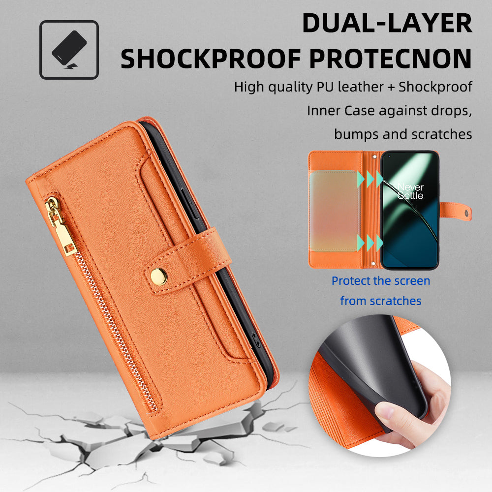 Shockproof Phone Case for OnePlus 11 5G, Zipper Pocket Card Slots Flip Leather Phone Cover with Straps - Orange