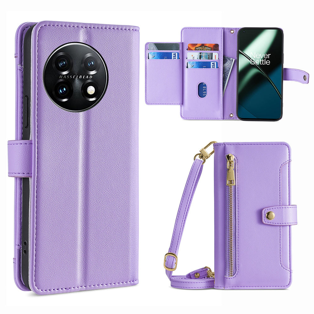 Shockproof Phone Case for OnePlus 11 5G, Zipper Pocket Card Slots Flip Leather Phone Cover with Straps - Purple