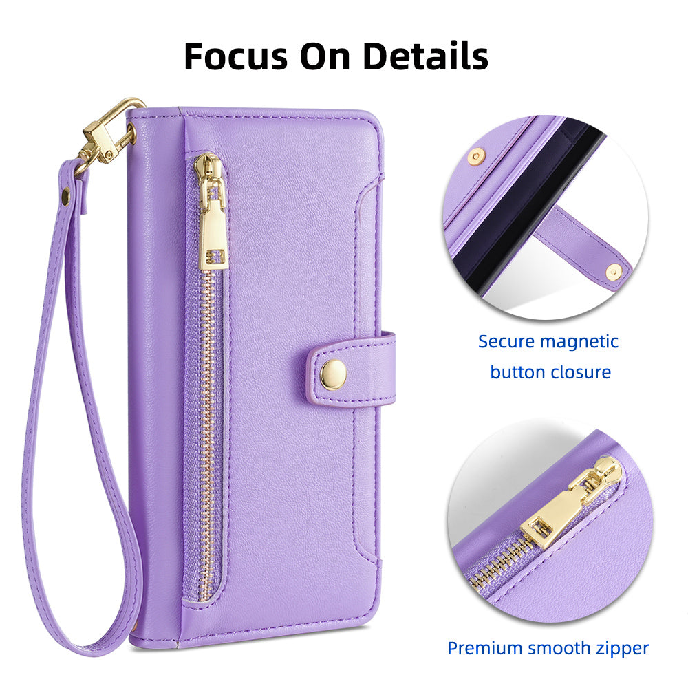 Shockproof Phone Case for OnePlus 11 5G, Zipper Pocket Card Slots Flip Leather Phone Cover with Straps - Purple