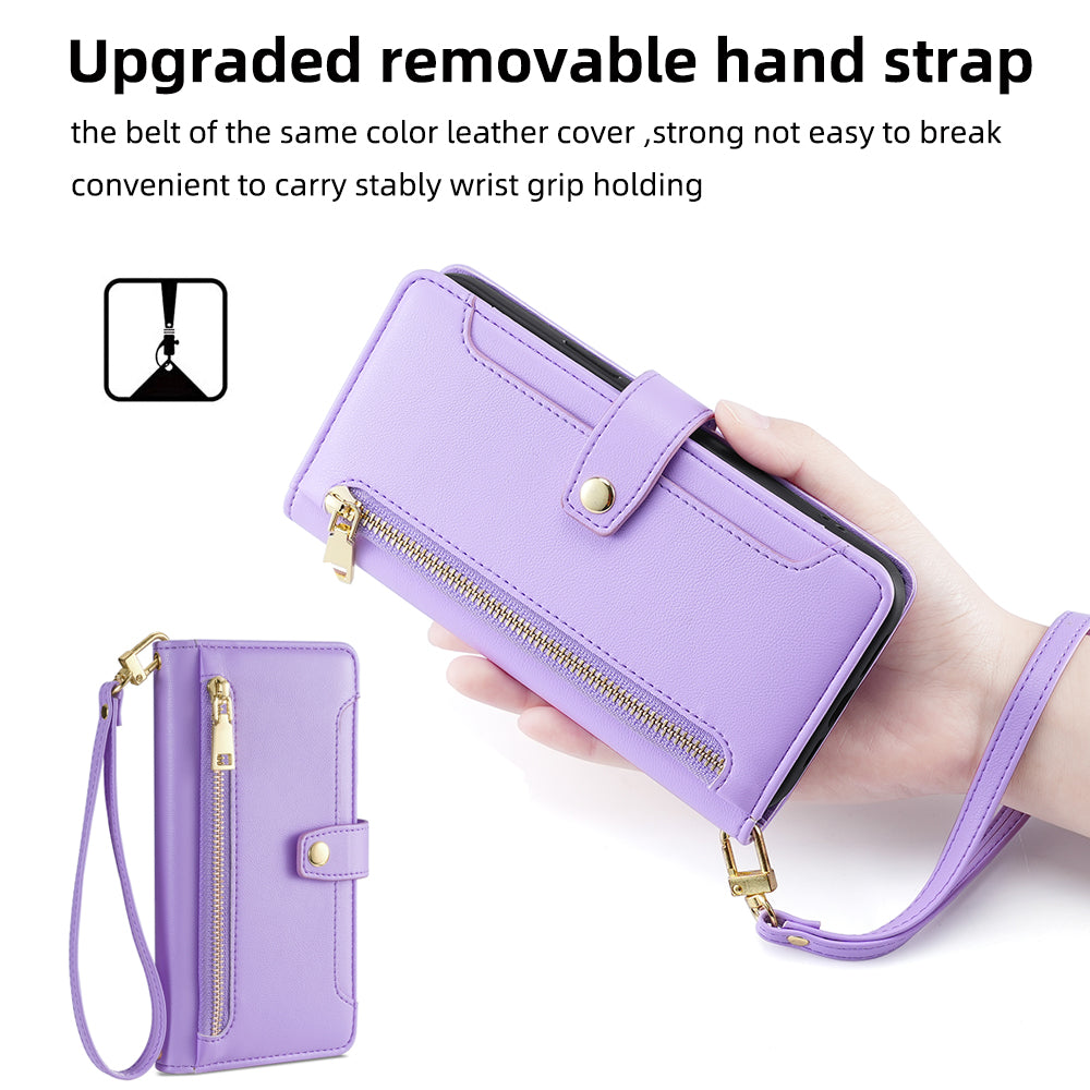 Shockproof Phone Case for OnePlus 11 5G, Zipper Pocket Card Slots Flip Leather Phone Cover with Straps - Purple