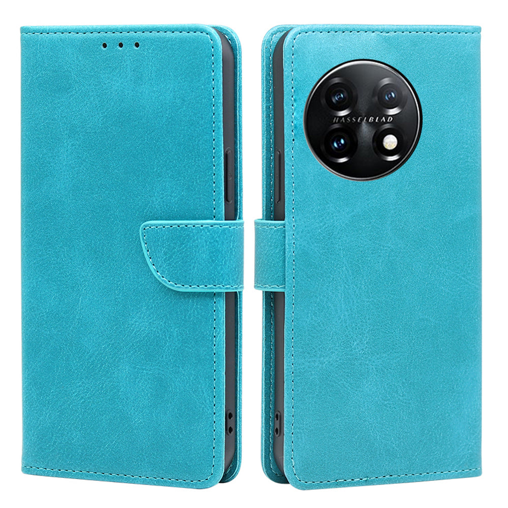Shockproof Cell Phone Case for OnePlus 11 5G, Calf Texture Stand Wallet Anti-scratch PU Leather Phone Cover - Baby Blue