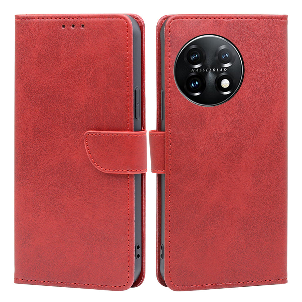 Shockproof Cell Phone Case for OnePlus 11 5G, Calf Texture Stand Wallet Anti-scratch PU Leather Phone Cover - Red