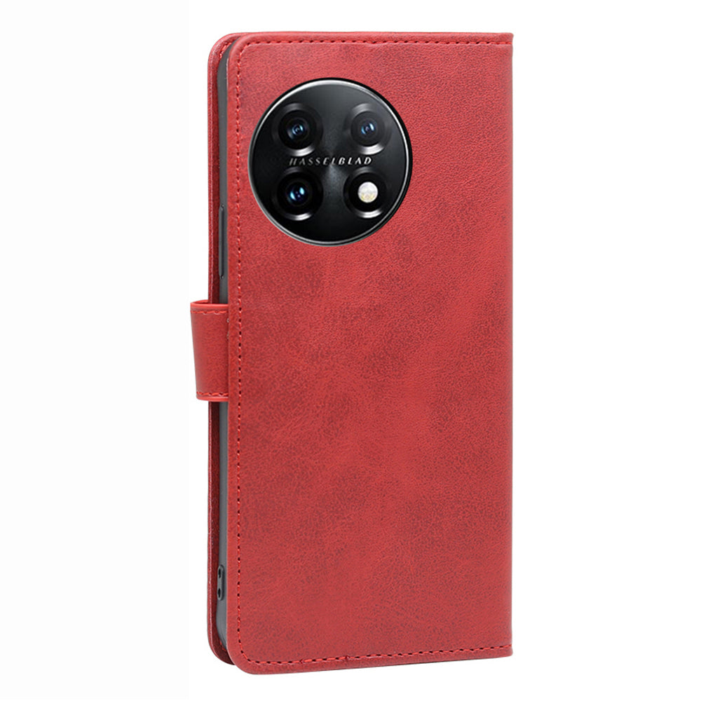 Shockproof Cell Phone Case for OnePlus 11 5G, Calf Texture Stand Wallet Anti-scratch PU Leather Phone Cover - Red