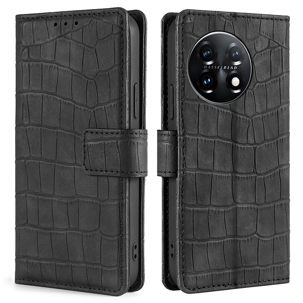Skin-friendly Phone Case For OnePlus 11 5G, Wallet Stand Crocodile Texture PU Leather + TPU Anti-fall Cell Phone Cover - Black